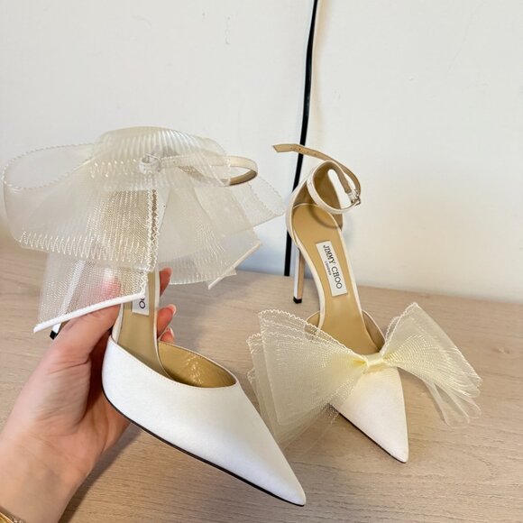 Jimmy Choo Averly 100 Satin Pumps Bow Mesh Detail Ankle Strap Stiletto Heels - Picture 4 of 13